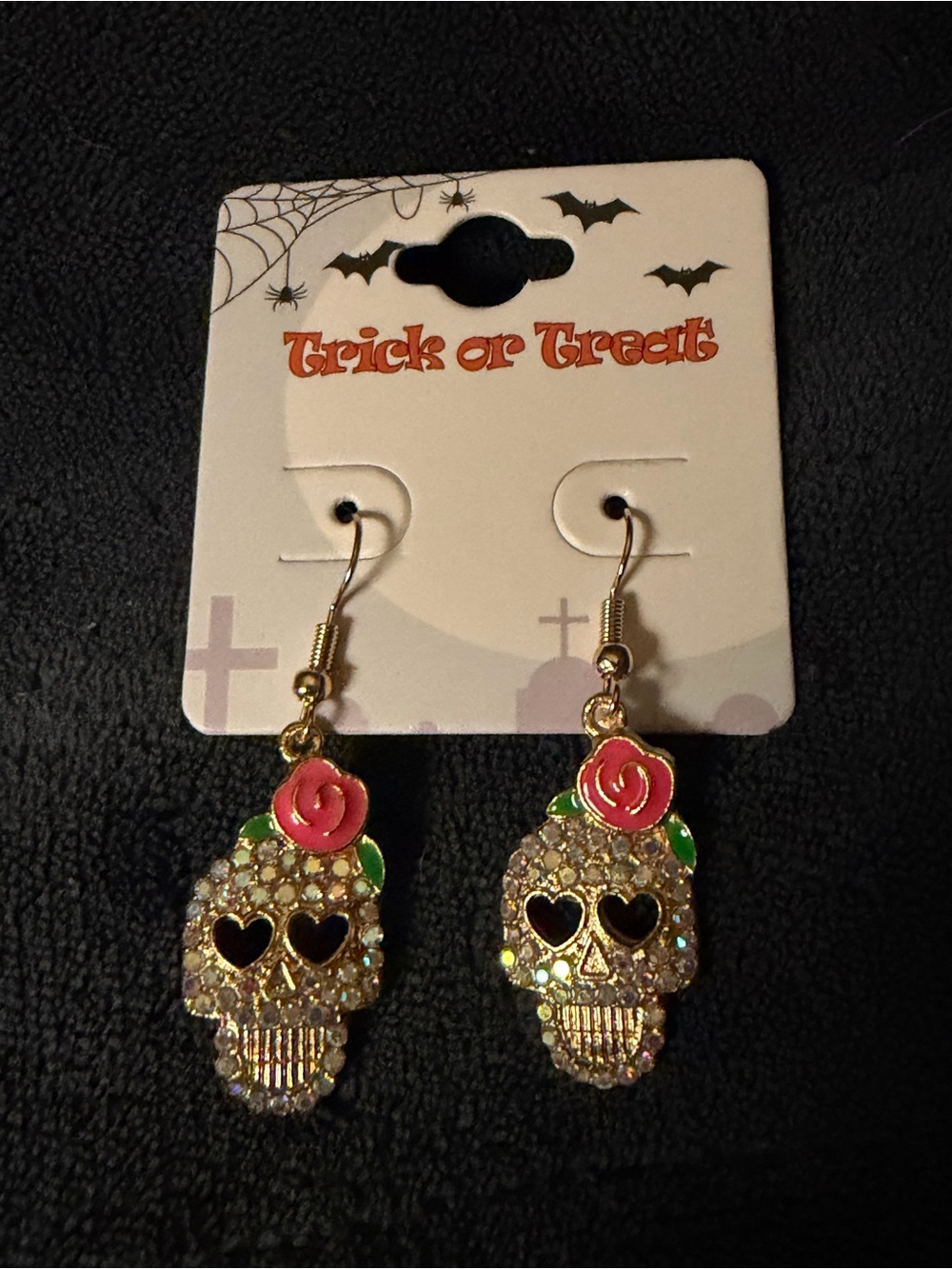 Gold Skull Drop Earrings with Pink Rose